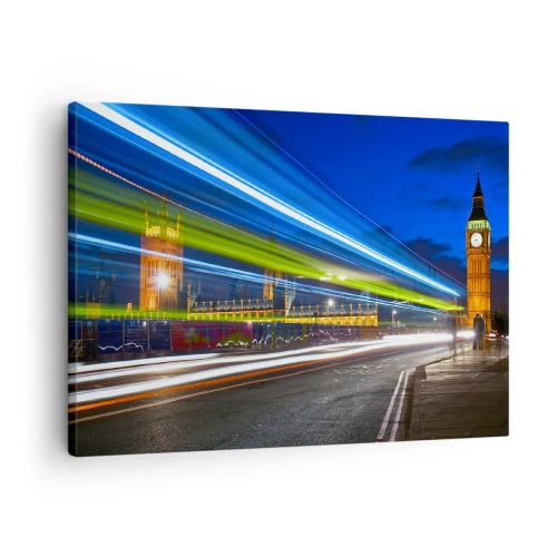 Cuadro sobre lienzo - Impresión de Imagen - El Big Ben de noche con el efecto de las luces en el tráfico de la calle. - 70x50cm - Bajo la mirada del Big Ben - Decoración de pared moderna para salón y dormitorio ARTTOR