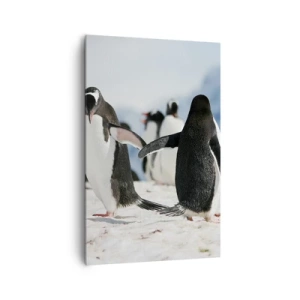 Cuadro sobre lienzo - Impresión de Imagen - Un grupo de pingüinos en la nieve en un paisaje antártico. - 80x120cm - Bailando en la nieve - Decoración de pared moderna para salón y dormitorio ARTTOR