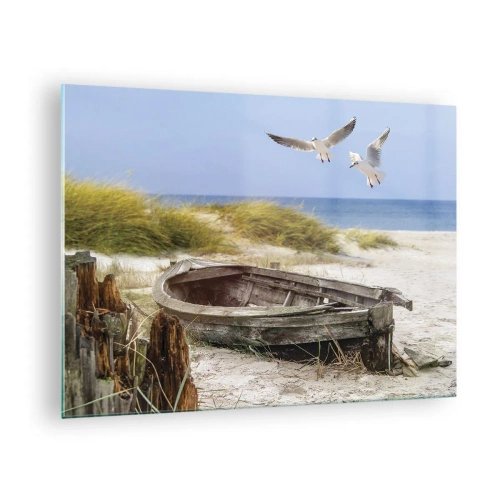 Cuadro sobre vidrio - Impresiones sobre Vidrio - Barco de madera en la playa con gaviotas en vuelo - 70x50cm - Bañada por el viento - Decoración de pared moderna para salón y dormitorio ARTTOR