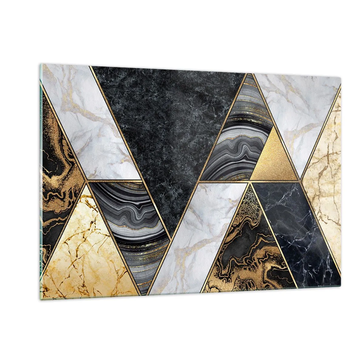 Cuadro sobre vidrio - Impresiones sobre Vidrio - Patrón geométrico de triángulos de mármol y oro. - 120x80cm - Collage de piedras - Decoración de pared moderna para salón y dormitorio ARTTOR