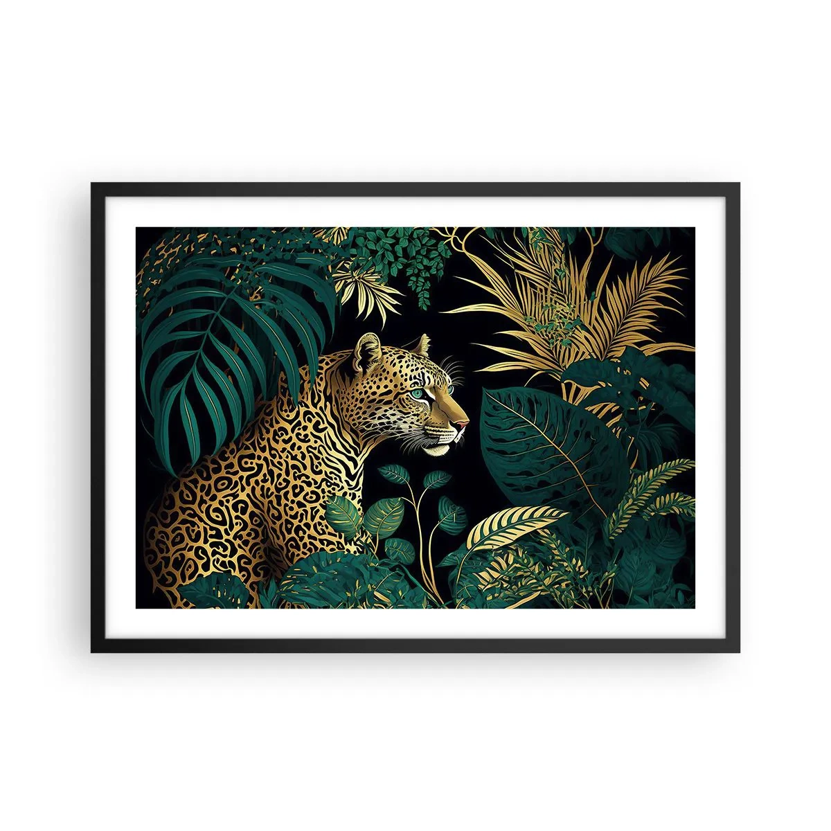 Póster en marco negro - Leopardo en hojas tropicales sobre un fondo negro - 70x50cm - El anfitrión en la jungla - Decoración de pared moderna para salón y dormitorio ARTTOR