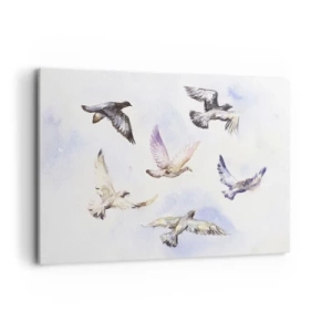 Cuadro sobre lienzo - Impresión de Imagen - Pájaros de acuarela en vuelo contra un cielo delicado. - 120x80cm - Libertad en gris y azul - Decoración de pared moderna para salón y dormitorio ARTTOR