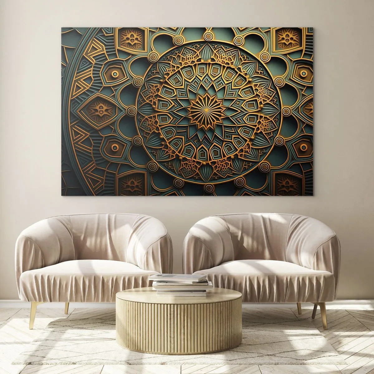 Cuadro sobre vidrio - Impresiones sobre Vidrio - Adorno de oro y turquesa al estilo de un mosaico árabe. - 70x50cm - En un clima árabe - Decoración de pared moderna para salón y dormitorio ARTTOR