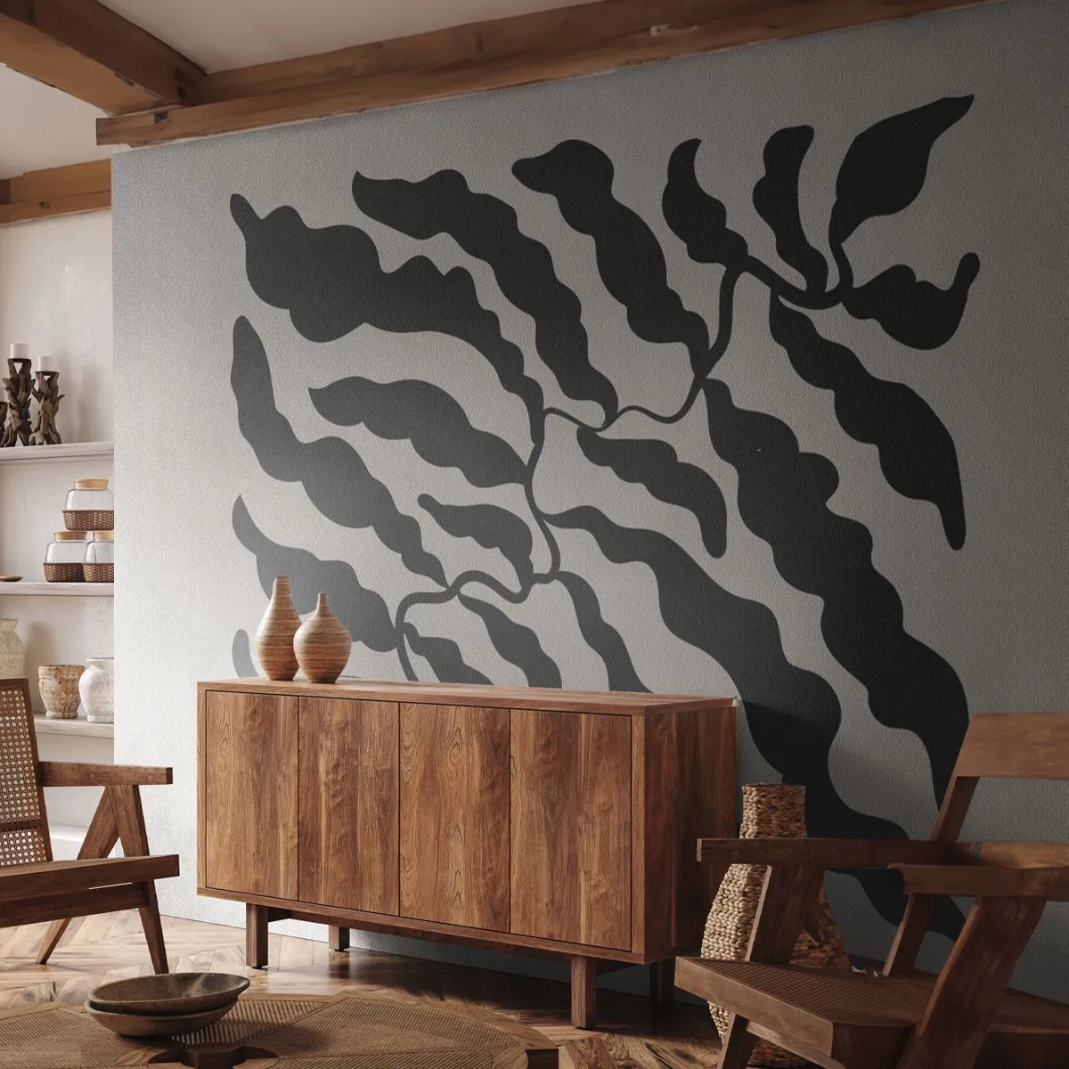 Fotomural Standard Eco - Un patrón de planta con hojas negras sobre un fondo claro. - 100x70cm - La naturaleza de un cuadrado - Decoración de pared moderna para salón y dormitorio ARTTOR