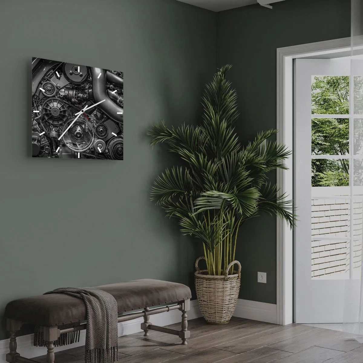 Reloj de pared - Reloj de vidrio - Primer plano en blanco y negro de los detalles mecánicos de un motor de automóvil. - 30x30cm - La poesía de la mecánica - Decoración de pared moderna para salón y dormitorio ARTTOR
