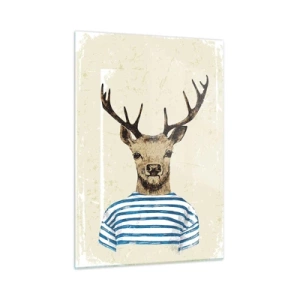 Cuadro sobre vidrio - Impresiones sobre Vidrio - Gráfico de un ciervo con camisa de marinero sobre un fondo claro. - 50x70cm - Porque me gustan las camisas de rayas - Decoración de pared moderna para salón y dormitorio ARTTOR