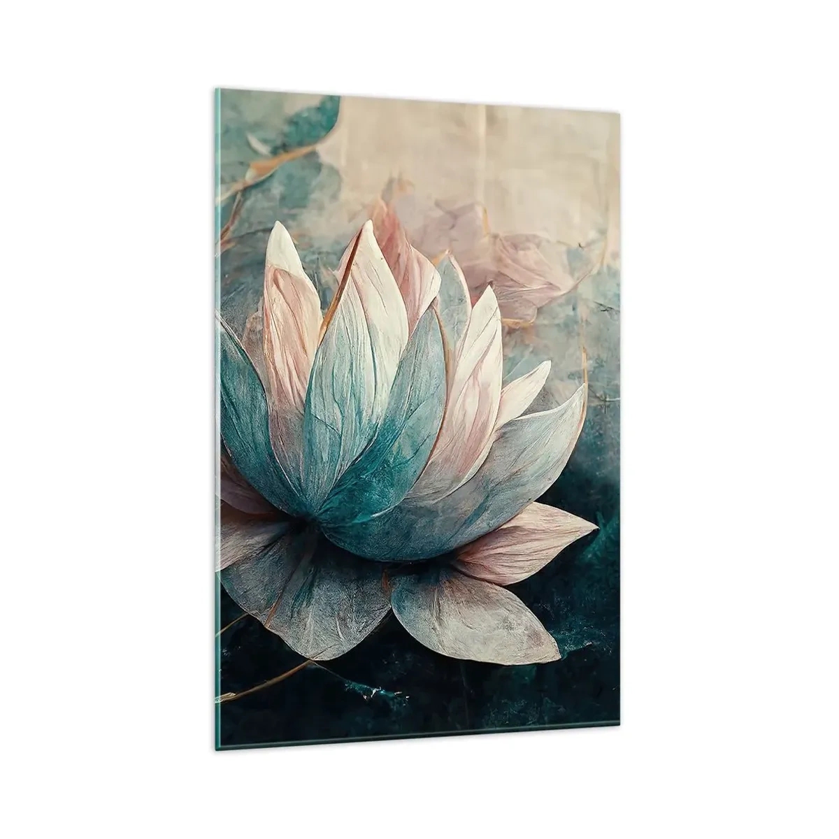 Cuadro sobre vidrio - Impresiones sobre Vidrio - Nenúfares sutiles en tonos pastel de azul y dorado. - 80x120cm - Estrellas de lago - Decoración de pared moderna para salón y dormitorio ARTTOR