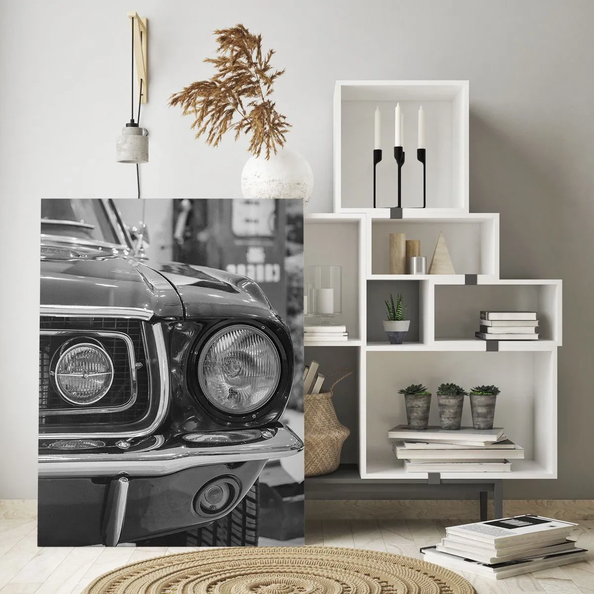 Cuadro sobre vidrio - Impresiones sobre Vidrio - Primer plano del frontal de un coche de carreras clásico. - 50x70cm - Paseo rudo - Decoración de pared moderna para salón y dormitorio ARTTOR
