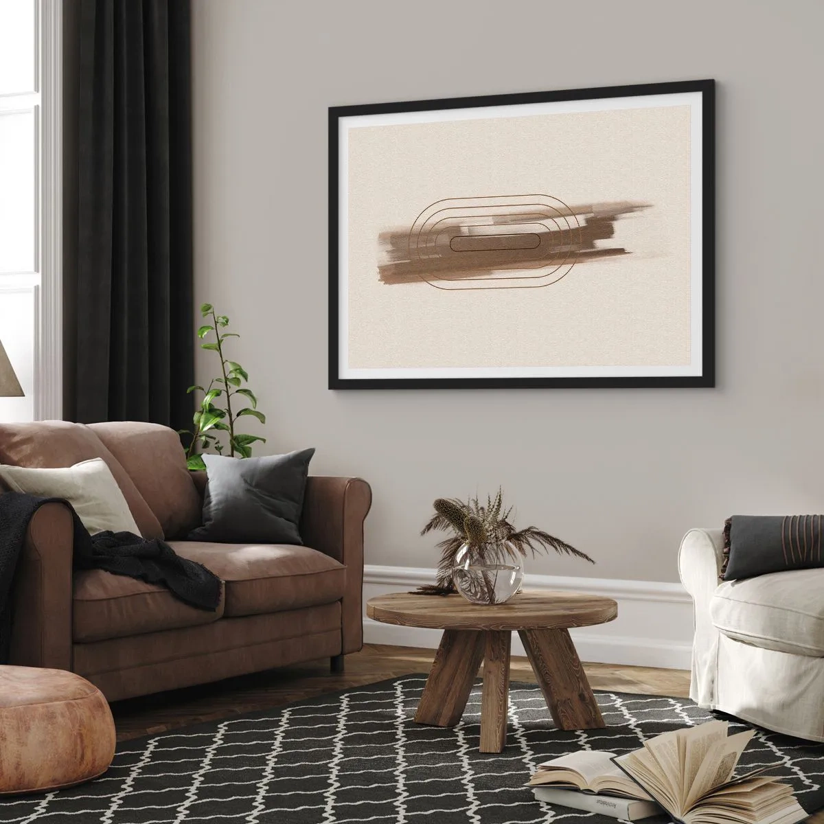 Póster en marco negro - Una composición minimalista en tonos beige y gris con un patrón geométrico. - 70x50cm - Un soplo de gris - Decoración de pared moderna para salón y dormitorio ARTTOR