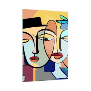 Cuadro sobre vidrio - Impresiones sobre Vidrio - Caras coloridas de estilo cubista con flores. - 50x70cm - Randez vous de Picasso - Decoración de pared moderna para salón y dormitorio ARTTOR
