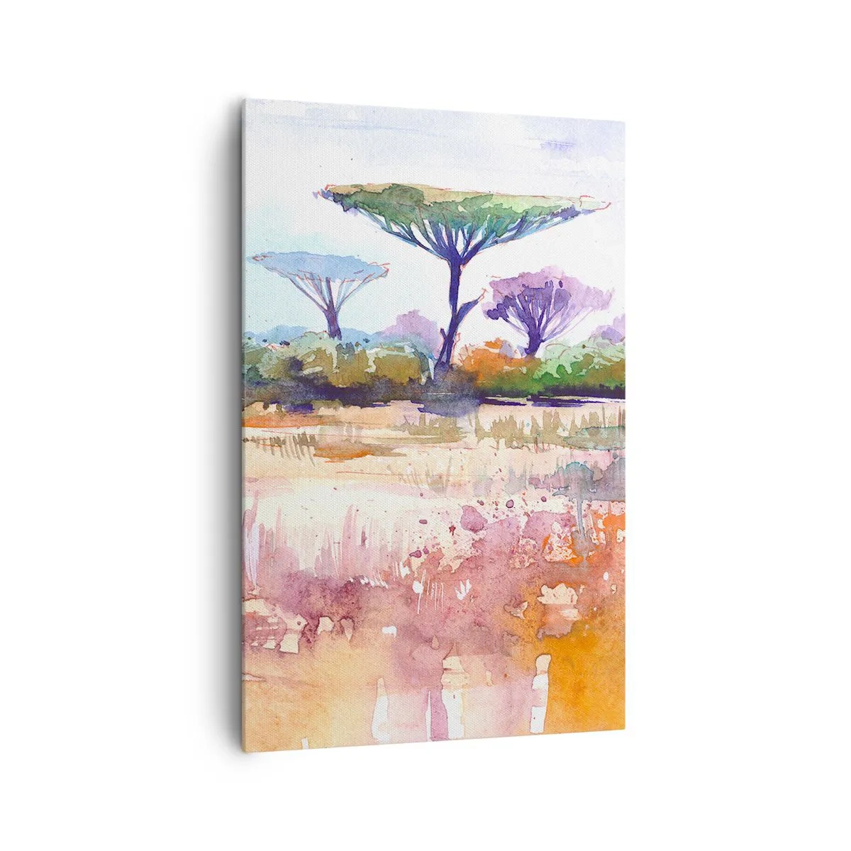 Cuadro sobre lienzo - Impresión de Imagen - Un pintoresco paisaje de sabana en colores de acuarela. - 80x120cm - Colores de la sabana - Decoración de pared moderna para salón y dormitorio ARTTOR
