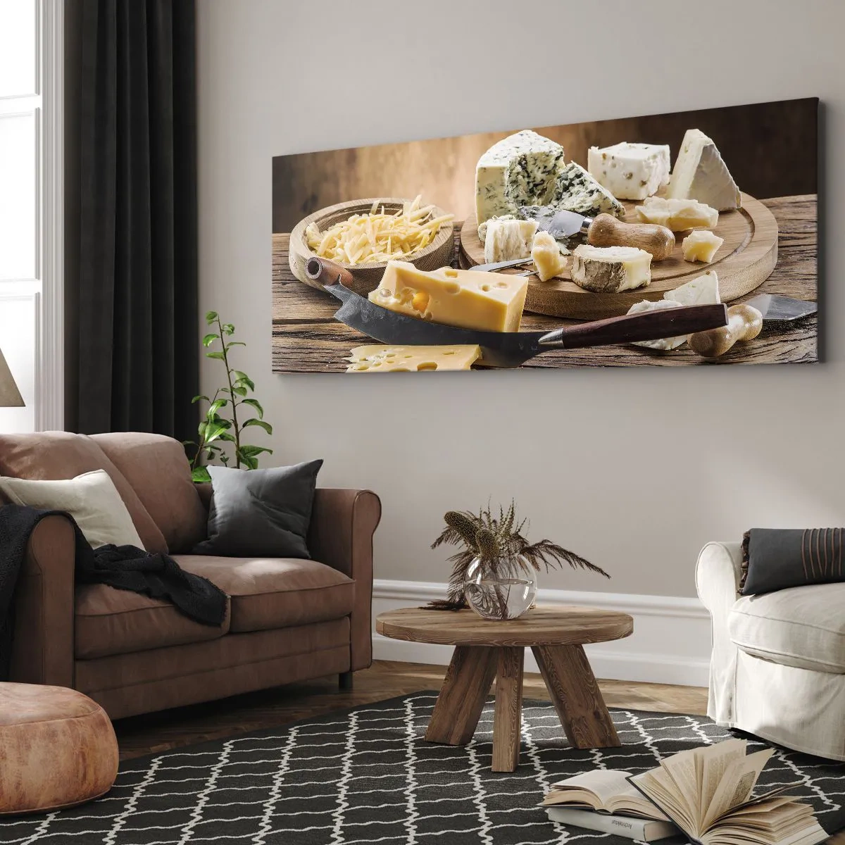 Cuadro sobre lienzo - Impresión de Imagen - Una tabla de quesos con diferentes tipos sobre una mesa de madera. - 140x50cm - Degustación de quesos - Decoración de pared moderna para salón y dormitorio ARTTOR
