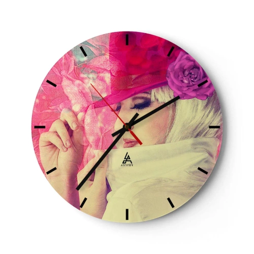 Reloj de pared - Reloj de vidrio - Retrato estilizado de una mujer en tonos rosa y blanco. - 30x30cm - Retrato retro en rosa - Decoración de pared moderna para salón, cocina y dormitorio ARTTOR