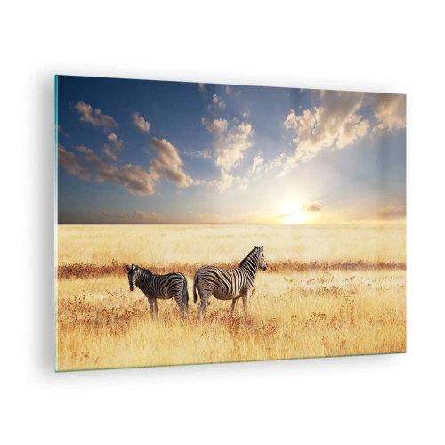 Cuadro sobre vidrio - Impresiones sobre Vidrio - Dos cebras en la sabana al atardecer - 70x50cm - Vete, no perturbes la paz - Decoración de pared moderna para salón y dormitorio ARTTOR