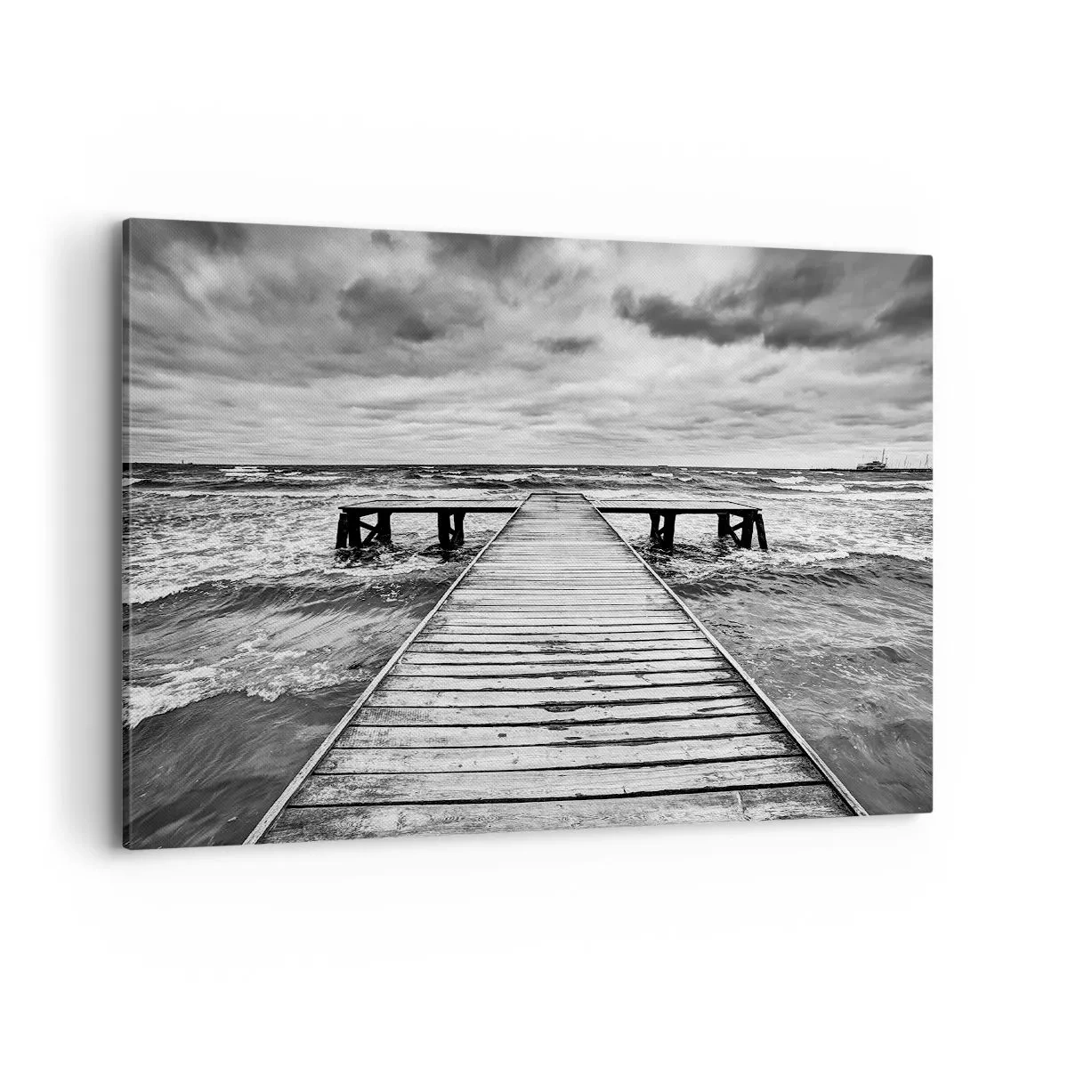 Cuadro sobre lienzo - Impresión de Imagen - Una vista en blanco y negro de un embarcadero de madera sobre un mar tempestuoso. - 100x70cm - Estoy esperando que sople el viento... - Decoración de pared moderna para salón y dormitorio ARTTOR