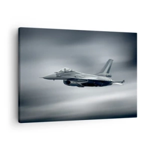 Cuadro sobre lienzo - Impresión de Imagen - Un avión de combate en vuelo contra un cielo nublado. - 70x50cm - ¿Quieres un reto? - Decoración de pared moderna para salón y dormitorio ARTTOR