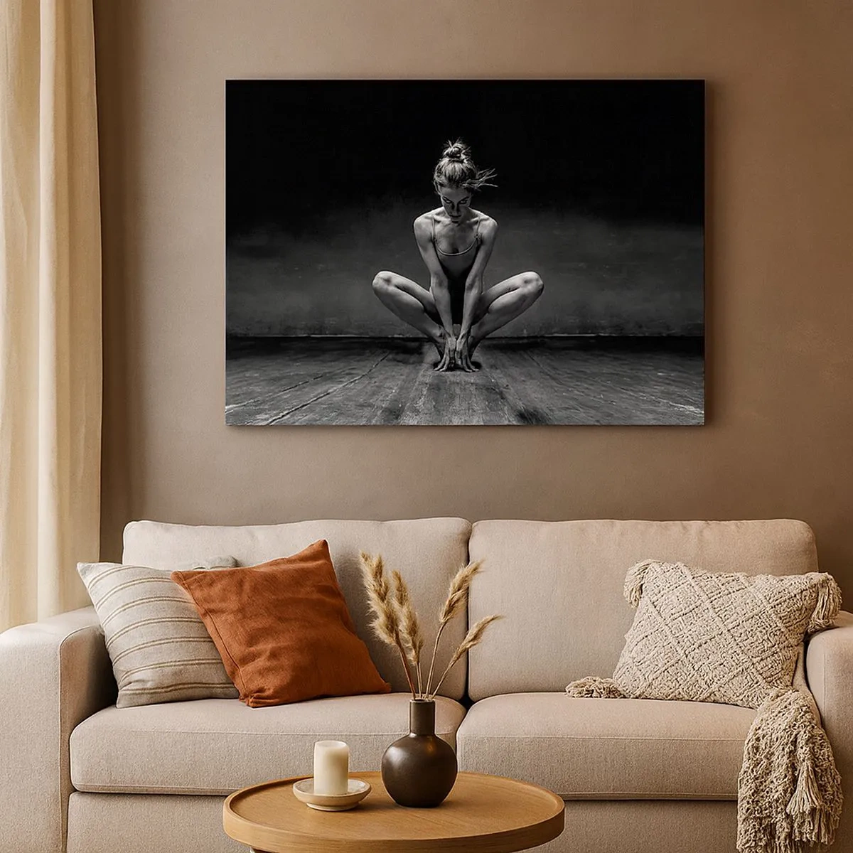 Cuadro sobre lienzo - Impresión de Imagen - Un retrato en blanco y negro de una bailarina en plena concentración. - 70x50cm - Concentración de energía del baile - Decoración de pared moderna para salón y dormitorio ARTTOR
