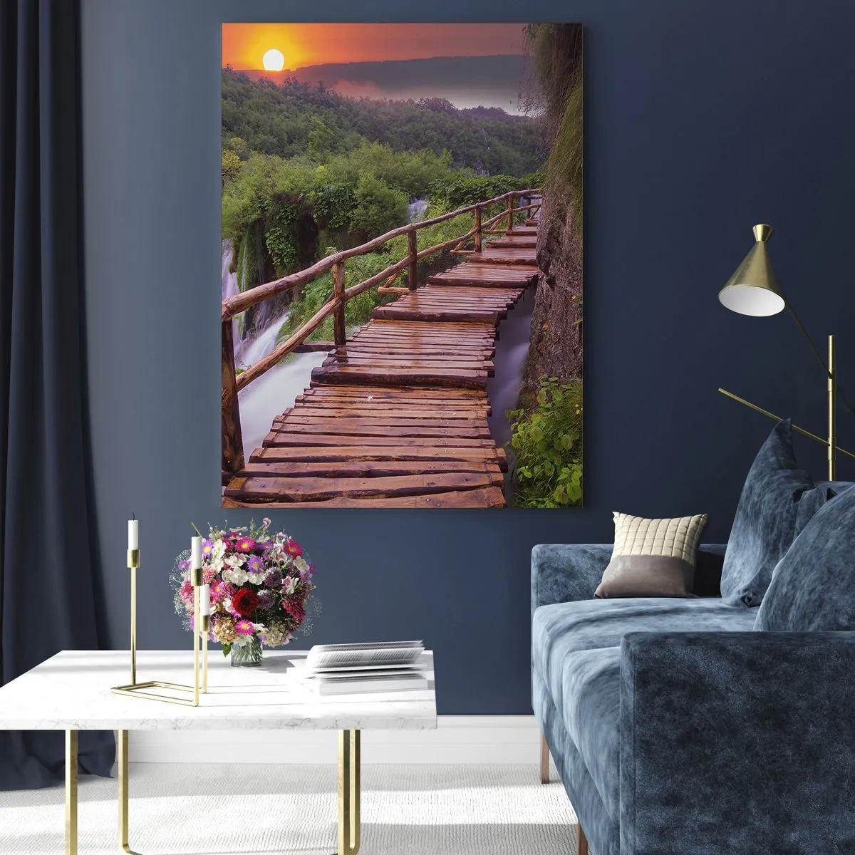 Cuadro sobre vidrio - Impresiones sobre Vidrio - Un puente con vistas a las cataratas al atardecer. - 80x120cm - Una belleza inimaginable - Decoración de pared moderna para salón y dormitorio ARTTOR