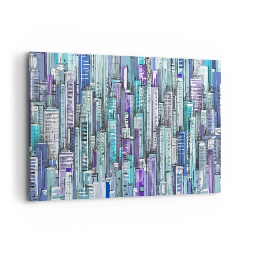 Cuadro sobre lienzo - Impresión de Imagen - Ilustración de una ciudad con edificios geométricos en tonos azules y morados. - 120x80cm - Azul del cielo - Decoración de pared moderna para salón y dormitorio ARTTOR