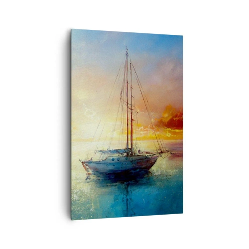 Cuadro sobre lienzo - Impresión de Imagen - Un yate en un mar tranquilo al atardecer. - 80x120cm - En una bahía dorada - Decoración de pared moderna para salón y dormitorio ARTTOR