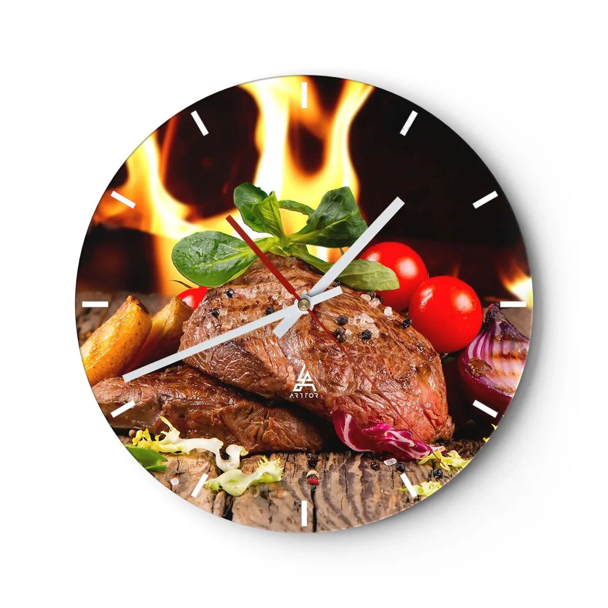 Reloj de pared - Reloj de vidrio - Bistec con verduras al fuego - 30x30cm - Embrujo de fuego - Decoración de pared moderna para salón, cocina y dormitorio ARTTOR