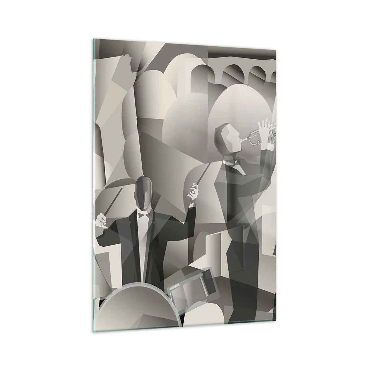 Cuadro sobre vidrio - Impresiones sobre Vidrio - Escenario de banda de jazz estilizado en tonos monocromáticos. - 50x70cm - En el espacio de los sonidos - Decoración de pared moderna para salón y dormitorio ARTTOR