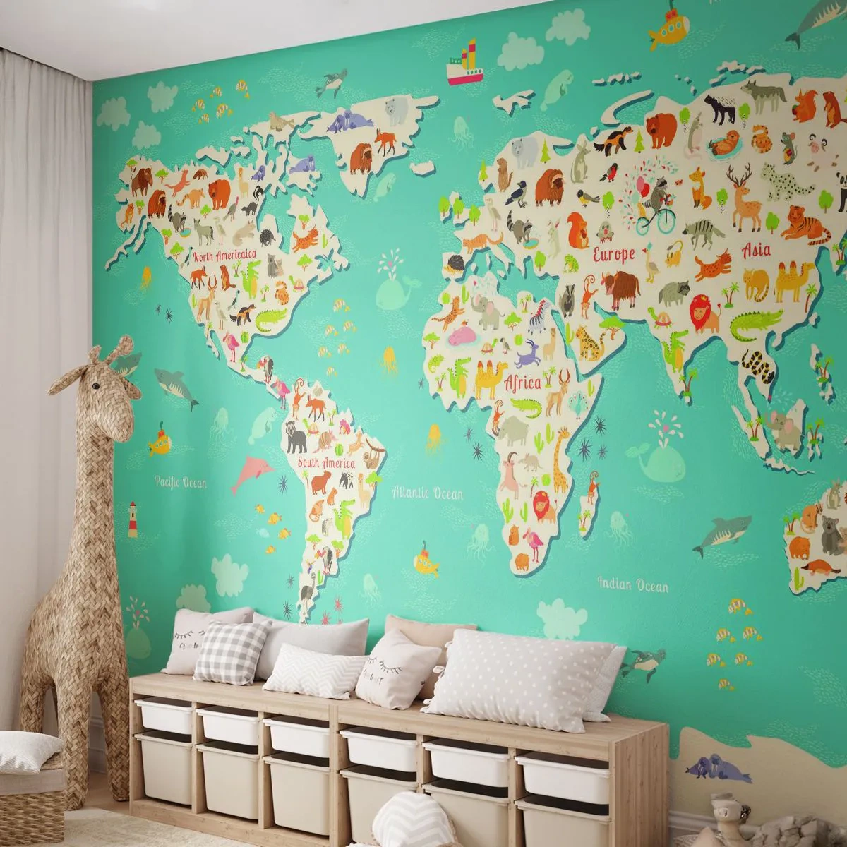 Fotomural Premium Sand - Amamos al mundo entero - Mapa del mundo, animales, Para niños - 350x256 cm