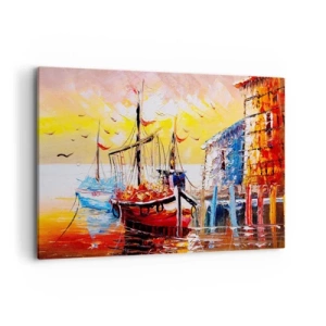 Cuadro sobre lienzo - Impresión de Imagen - Puerto pintoresco al atardecer con barcos de pesca - 120x80cm - Feliz regreso - Decoración de pared moderna para salón y dormitorio ARTTOR