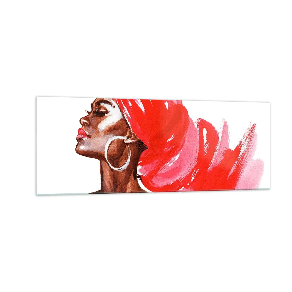 Cuadro sobre vidrio - Impresiones sobre Vidrio - Perfil de una mujer con turbante rojo y pendientes - 140x50cm - Aroma que te hace sentir - Decoración de pared moderna para salón y dormitorio ARTTOR