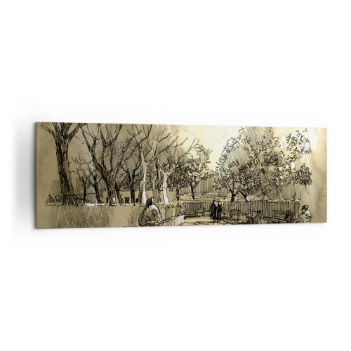 Cuadro sobre lienzo - Impresión de Imagen - Una escena de dibujos animados de un parque con gente caminando en tonos cálidos. - 160x50cm - Un momento hecho a pluma - Decoración de pared moderna para salón y dormitorio ARTTOR