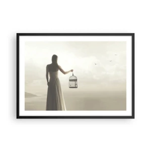 Póster en marco negro - Una mujer con una jaula contra un cielo en calma. - 70x50cm - Sé libre - Decoración de pared moderna para salón y dormitorio ARTTOR
