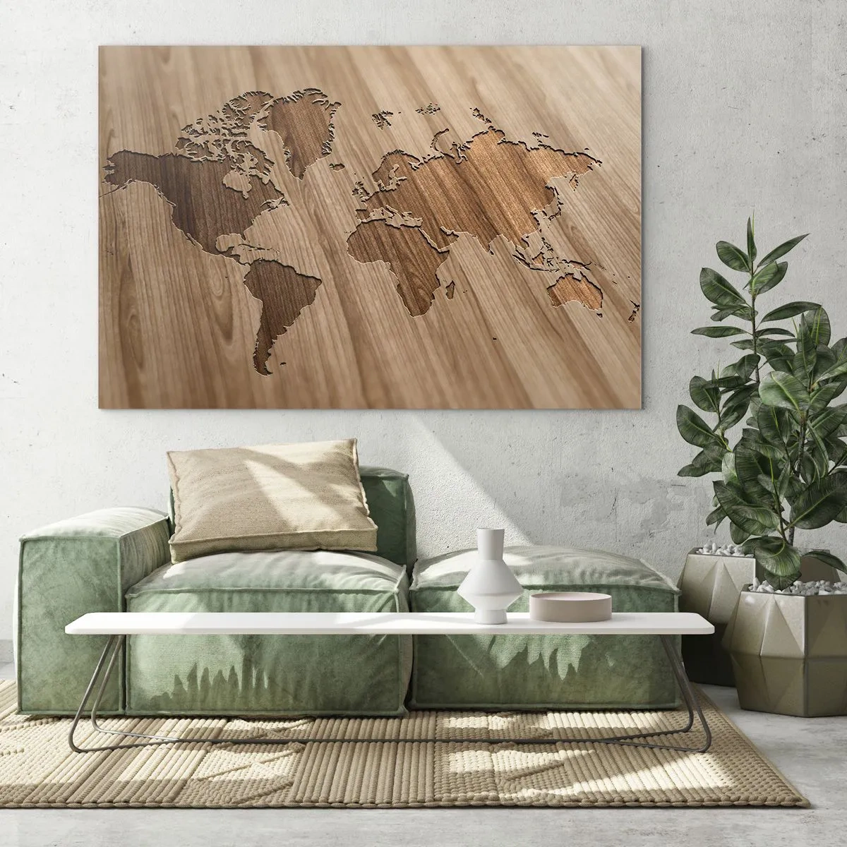 Cuadro sobre vidrio - Impresiones sobre Vidrio - Un mapa del mundo cortado en una superficie de madera. - 70x50cm - El mundo servido en la mesa - Decoración de pared moderna para salón y dormitorio ARTTOR