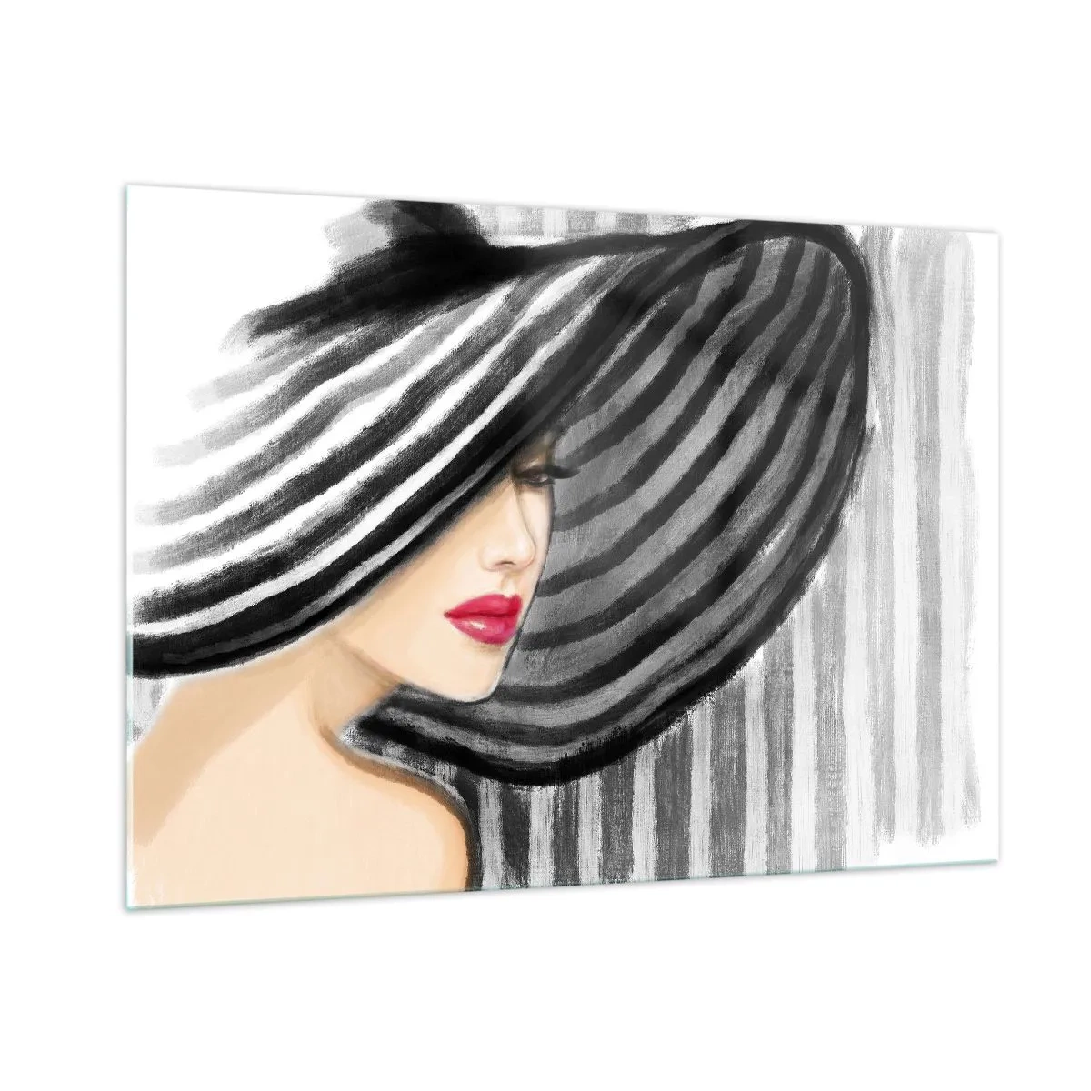 Cuadro sobre vidrio - Impresiones sobre Vidrio - Mujer elegante con un sombrero de rayas blancas y negras - 100x70cm - ¿Dónde puedo encontrarte? - Decoración de pared moderna para salón y dormitorio ARTTOR