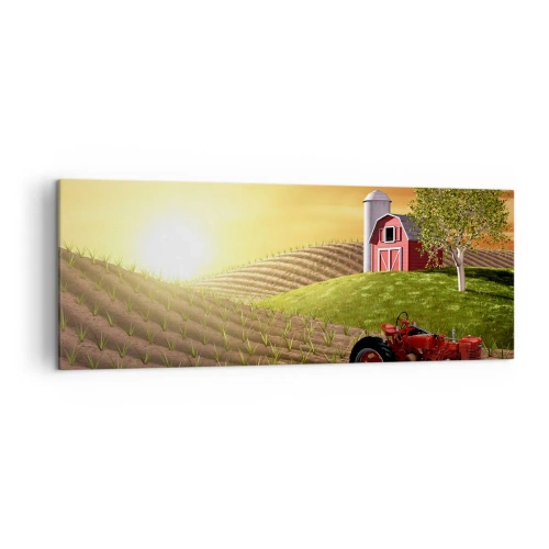 Cuadro sobre lienzo - Impresión de Imagen - Paisaje rural con un granero rojo, un tractor y el amanecer. - 140x50cm - Una granja como un cuento de hadas - Decoración de pared moderna para salón y dormitorio ARTTOR