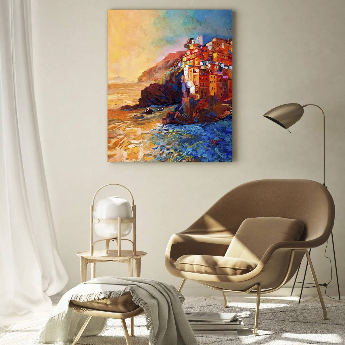Cuadro sobre vidrio - Impresiones sobre Vidrio - Casas de colores en un acantilado sobre el mar - 80x120cm - Ambiente italiano - Decoración de pared moderna para salón y dormitorio ARTTOR
