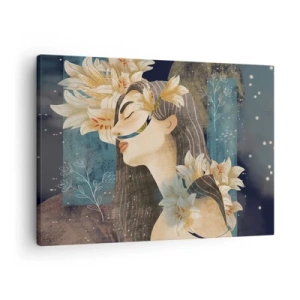 Cuadro sobre lienzo - Impresión de Imagen - Retrato de una mujer con flores en estilo artístico sobre un fondo oscuro. - 70x50cm - Cuento de princesa con lirios - Decoración de pared moderna para salón y dormitorio ARTTOR