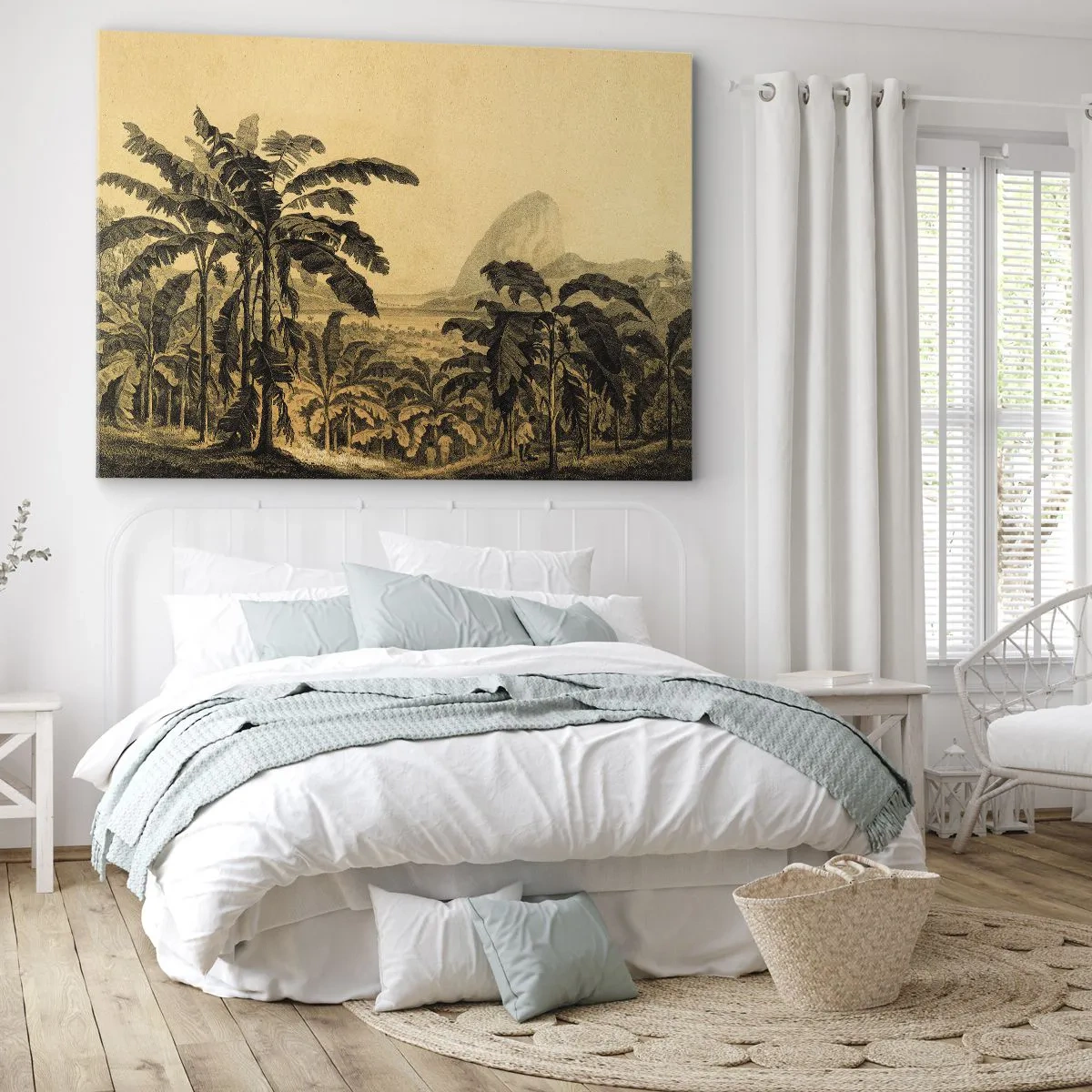 Cuadro sobre lienzo - Impresión de Imagen - Dibujo de árboles de plátano sobre un fondo de paisaje tropical. - 70x50cm - En un ambiente colonial - Decoración de pared moderna para salón y dormitorio ARTTOR