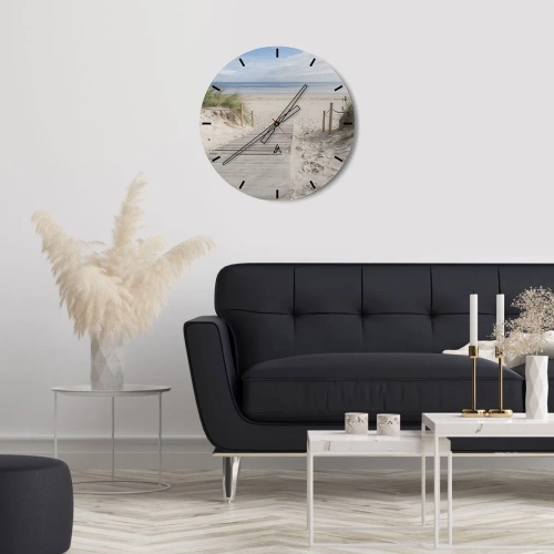 Reloj de pared - Reloj de vidrio - Camino de madera que conduce a la playa con vistas al mar. - 30x30cm - Hasta el horizonte - Decoración de pared moderna para salón, cocina y dormitorio ARTTOR