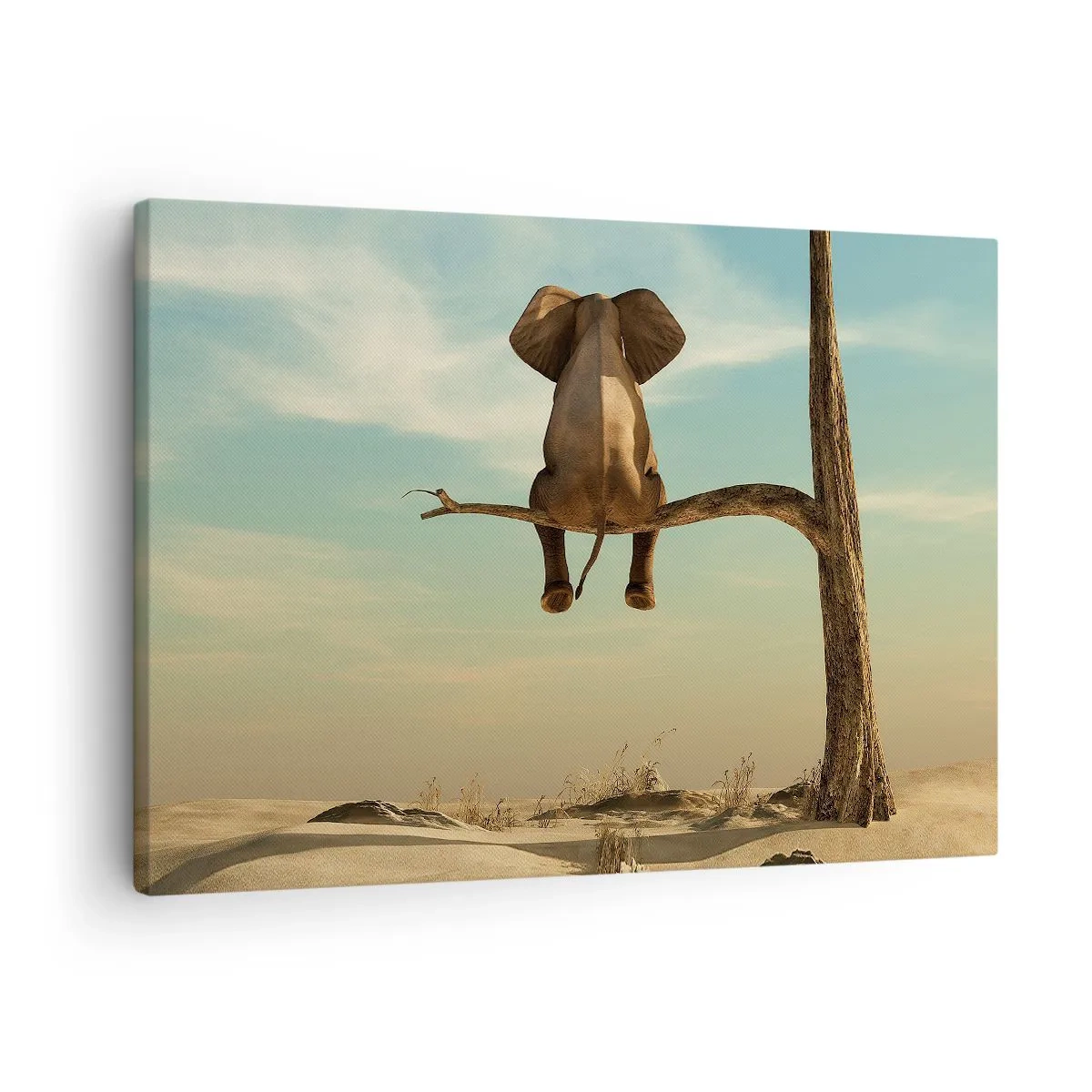 Cuadro sobre lienzo - Impresión de Imagen - Un elefante sentado en una rama con vistas a un paisaje desértico. - 70x50cm - Un nuevo punto de vista - Decoración de pared moderna para salón y dormitorio ARTTOR