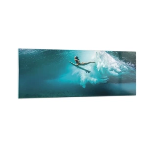 Cuadro sobre vidrio - Impresiones sobre Vidrio - Surfista bajo una ola en el agua azul del océano - 140x50cm - Mundo submarino - Decoración de pared moderna para salón y dormitorio ARTTOR