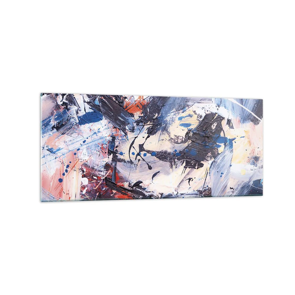 Cuadro sobre vidrio - Impresiones sobre Vidrio - Abstracción con pinceladas dinámicas en azul y rojo. - 120x50cm - Danza loca de la abstracción - Decoración de pared moderna para salón y dormitorio ARTTOR
