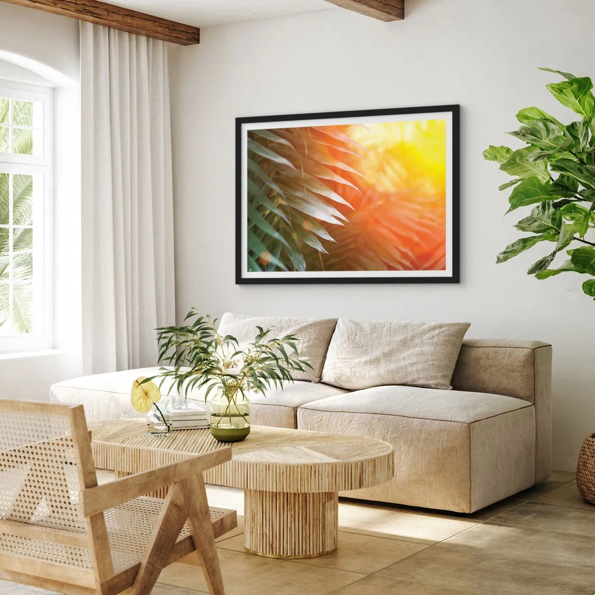 Póster en marco negro - Hojas de palma en los rayos del atardecer. - 70x50cm - Mañana en la selva - Decoración de pared moderna para salón y dormitorio ARTTOR