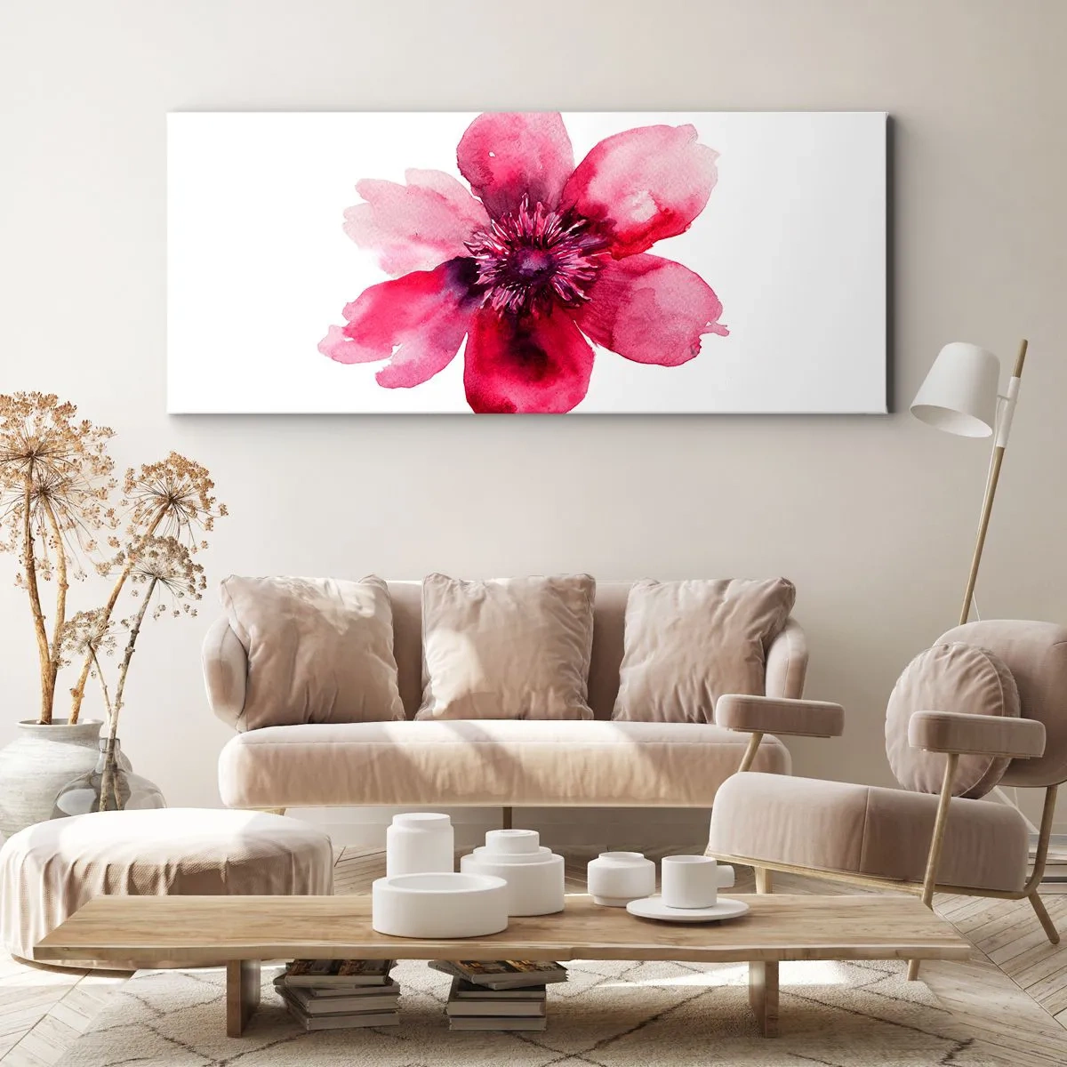 Cuadro sobre lienzo - Impresión de Imagen - Flor rosa en estilo acuarela sobre fondo blanco. - 160x50cm - Un beso con aroma a carmín - Decoración de pared moderna para salón y dormitorio ARTTOR
