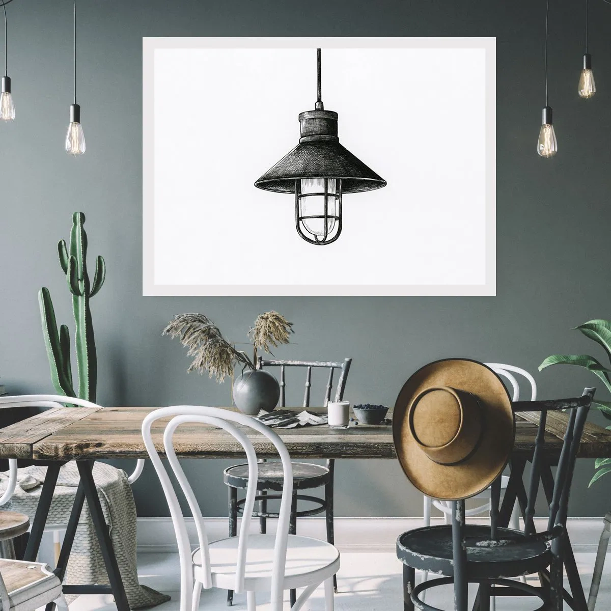 Póster - Dibujo de una lámpara colgante retro sobre fondo blanco. - 100x70cm - Como hace años... - Decoración de pared moderna para salón y dormitorio ARTTOR