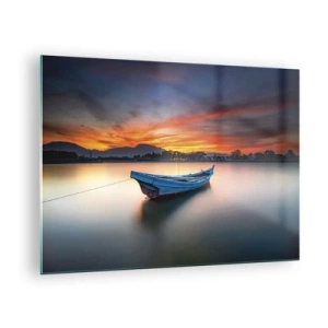 Cuadro sobre vidrio - Impresiones sobre Vidrio - Barco de madera en el lago al atardecer - 70x50cm - Se avecina una buena noche - Decoración de pared moderna para salón y dormitorio ARTTOR