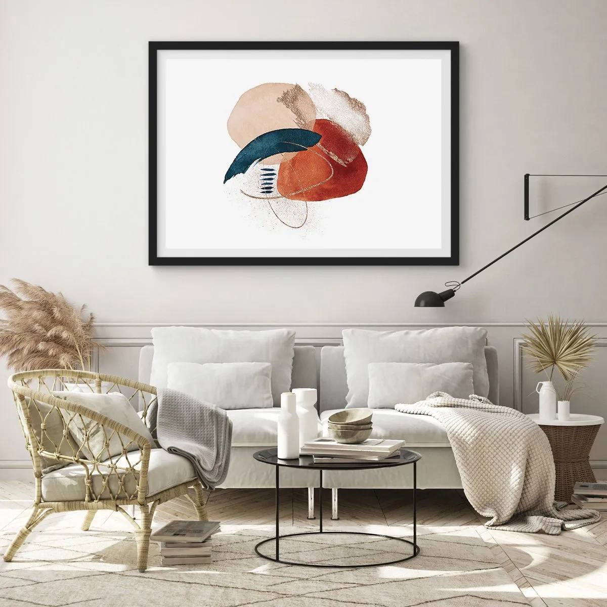 Póster en marco negro - Una composición abstracta con manchas en tonos tierra y azul marino. - 70x50cm - Composición ovalada - Decoración de pared moderna para salón y dormitorio ARTTOR