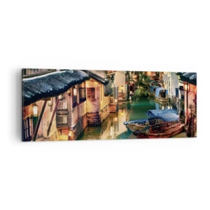 Cuadro sobre lienzo - Impresión de Imagen - Vista nocturna de los canales con barcos y casas tradicionales. - 140x50cm - Noche en una calle china - Decoración de pared moderna para salón y dormitorio ARTTOR
