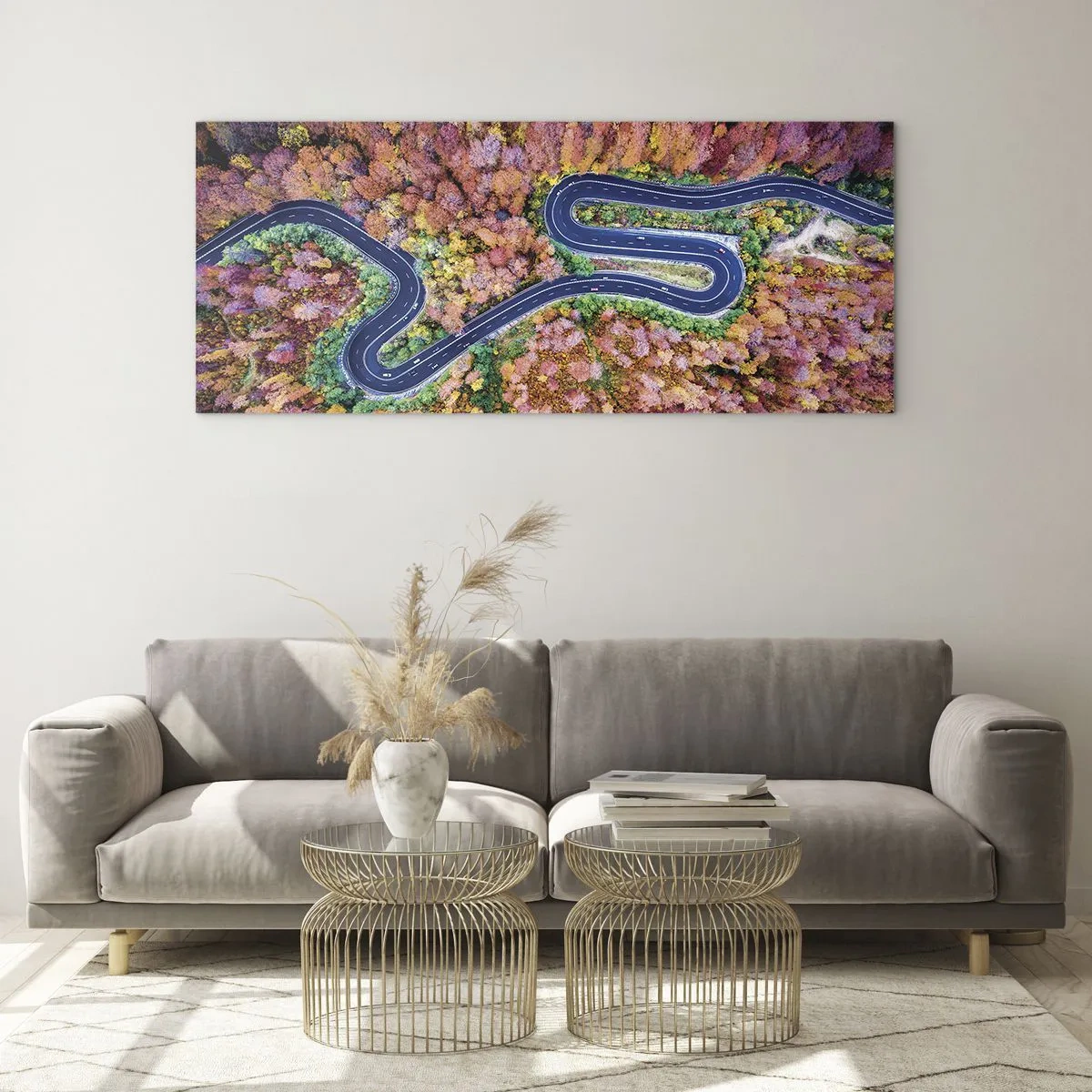 Cuadro sobre vidrio - Impresiones sobre Vidrio - Un camino sinuoso en un bosque otoñal visto a vista de pájaro - 120x50cm - Un camino sinuoso a través del bosque - Decoración de pared moderna para salón y dormitorio ARTTOR