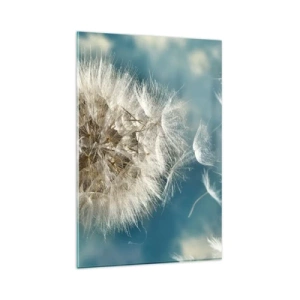 Cuadro sobre vidrio - Impresiones sobre Vidrio - Un diente de león desperdigado contra un cielo azul. - 80x120cm - El aliento de un ángel - Decoración de pared moderna para salón y dormitorio ARTTOR
