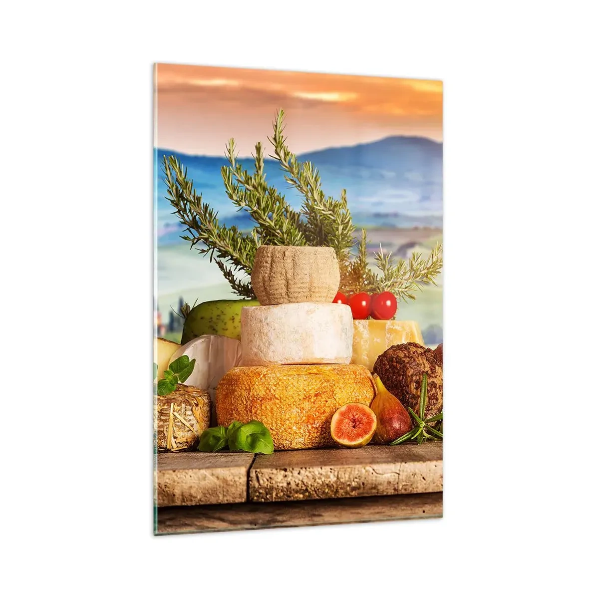 Cuadro sobre vidrio - Impresiones sobre Vidrio - Una composición de quesos y frutas con el paisaje toscano como telón de fondo. - 80x120cm - La alegría de vivir italiana - Decoración de pared moderna para salón y dormitorio ARTTOR